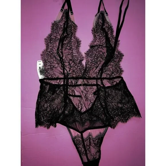 Victoria's Secret strappy 36C BRA SET+M panty+TEDDY one-piece beige black lace